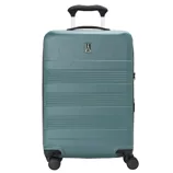 Teal hard-shell suitcase with four spinner wheels, telescopic handle, and horizontal ridged design.