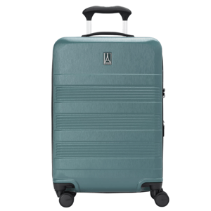 Teal hard-shell suitcase with four spinner wheels, telescopic handle, and horizontal ridged design.