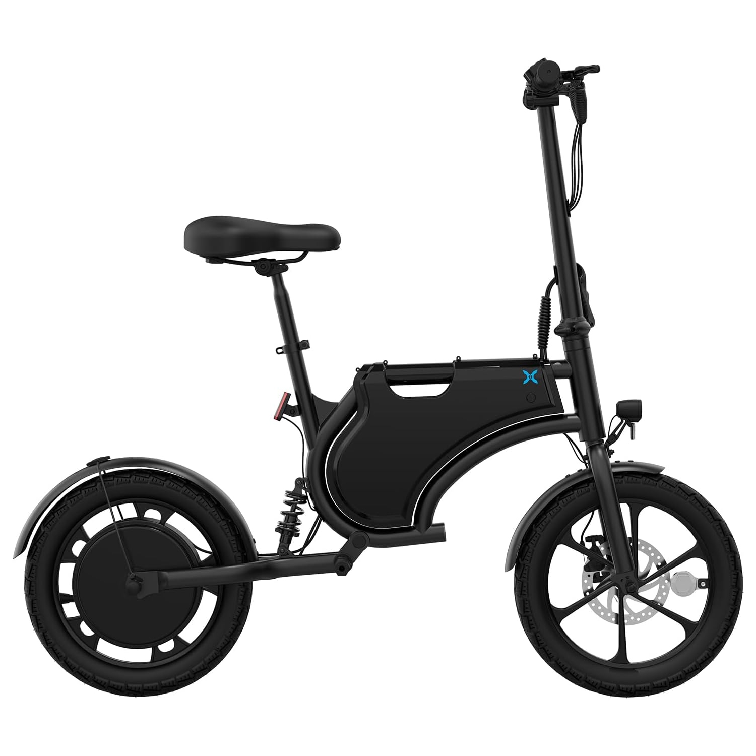 A sleek black foldable electric bike with a minimalist design, featuring a small frame, cushioned seat, rear suspension, compact wheels, and a battery compartment integrated into the frame.