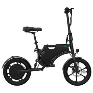 A sleek black foldable electric bike with a minimalist design, featuring a small frame, cushioned seat, rear suspension, compact wheels, and a battery compartment integrated into the frame.