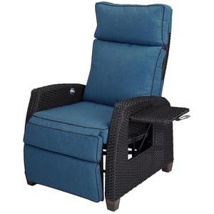 Outdoor patio recliner with black woven wicker frame and blue cushions, featuring a reclining function with a side lever for adjustment.