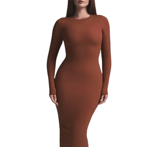 A fitted, long-sleeve, rust-colored midi dress with a sleek, minimalist design that hugs the body, providing a tailored silhouette.
