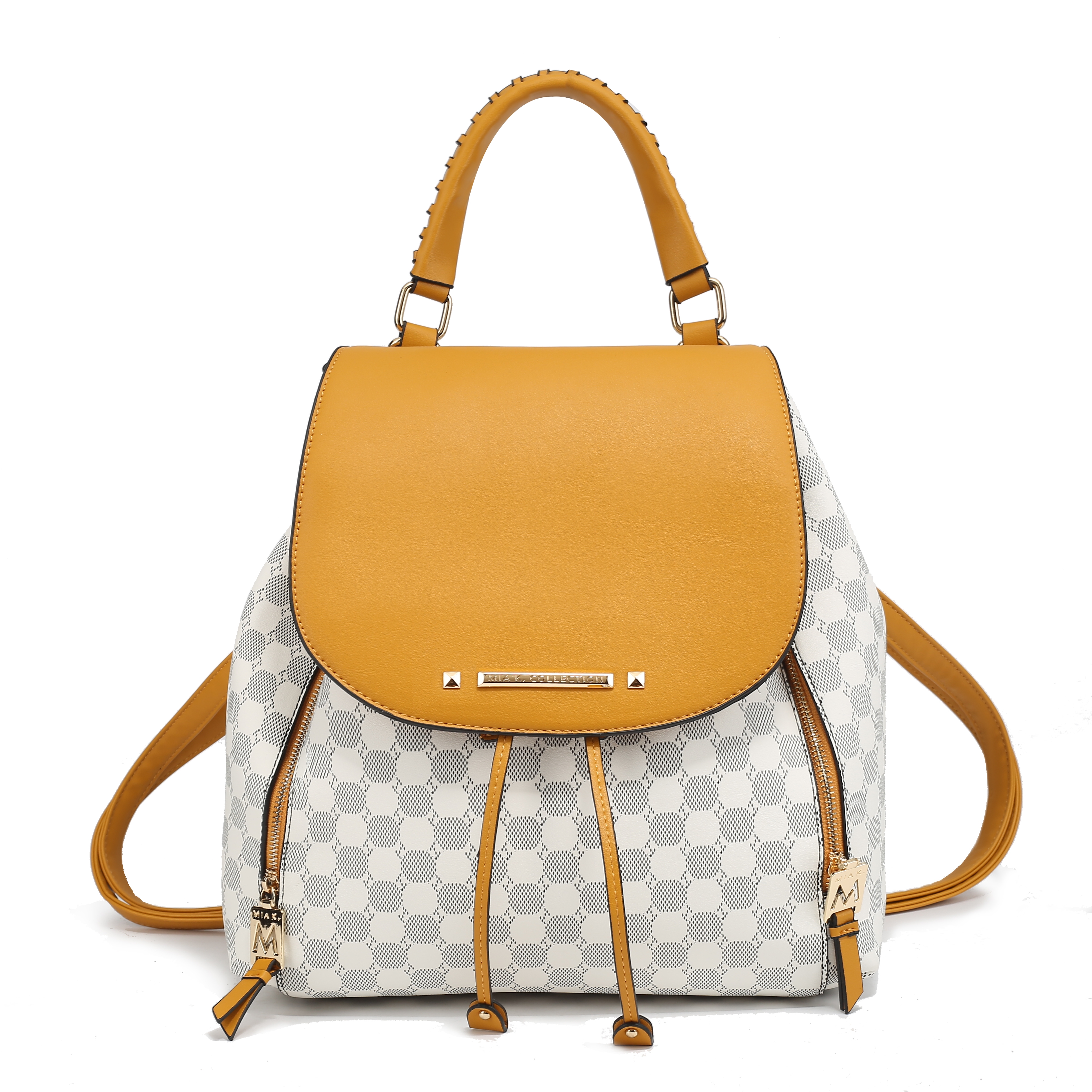 Stylish MKF faux-leather backpack in yellow and white, featuring a geometric pattern, top handle, drawstring closure, and gold-tone accents.