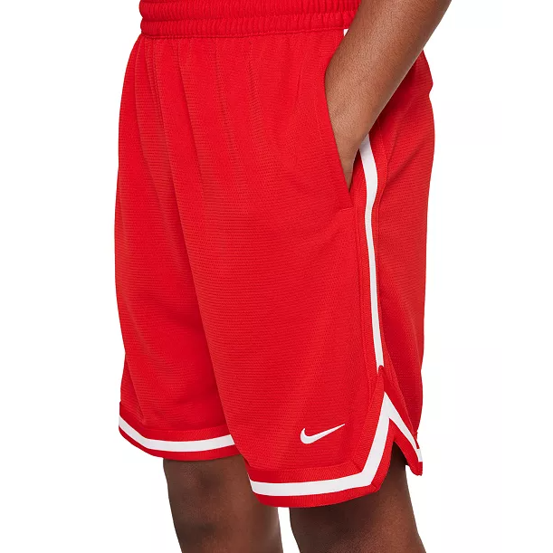 Red basketball shorts with white trim, an elastic waistband, side pockets, and a small white Nike logo near the bottom.