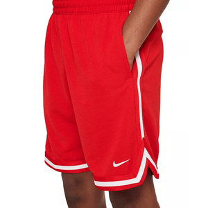 Red basketball shorts with white trim, an elastic waistband, side pockets, and a small white Nike logo near the bottom.