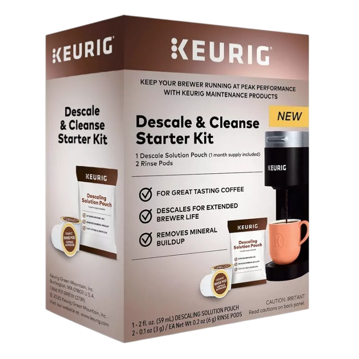 Keurig Descale & Cleanse Starter Kit includes 1 descaling solution pouch (2 fl. oz.) and 2 rinse pods. Designed to improve coffee taste, descaling for extended brewer life, and removing mineral buildup.