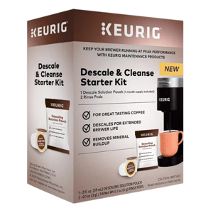 Keurig Descale & Cleanse Starter Kit includes 1 descaling solution pouch (2 fl. oz.) and 2 rinse pods. Designed to improve coffee taste, descaling for extended brewer life, and removing mineral buildup.