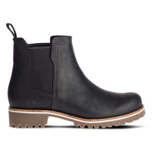 Black leather Chelsea boot with elastic side panels, pull tab, and a rugged brown sole.