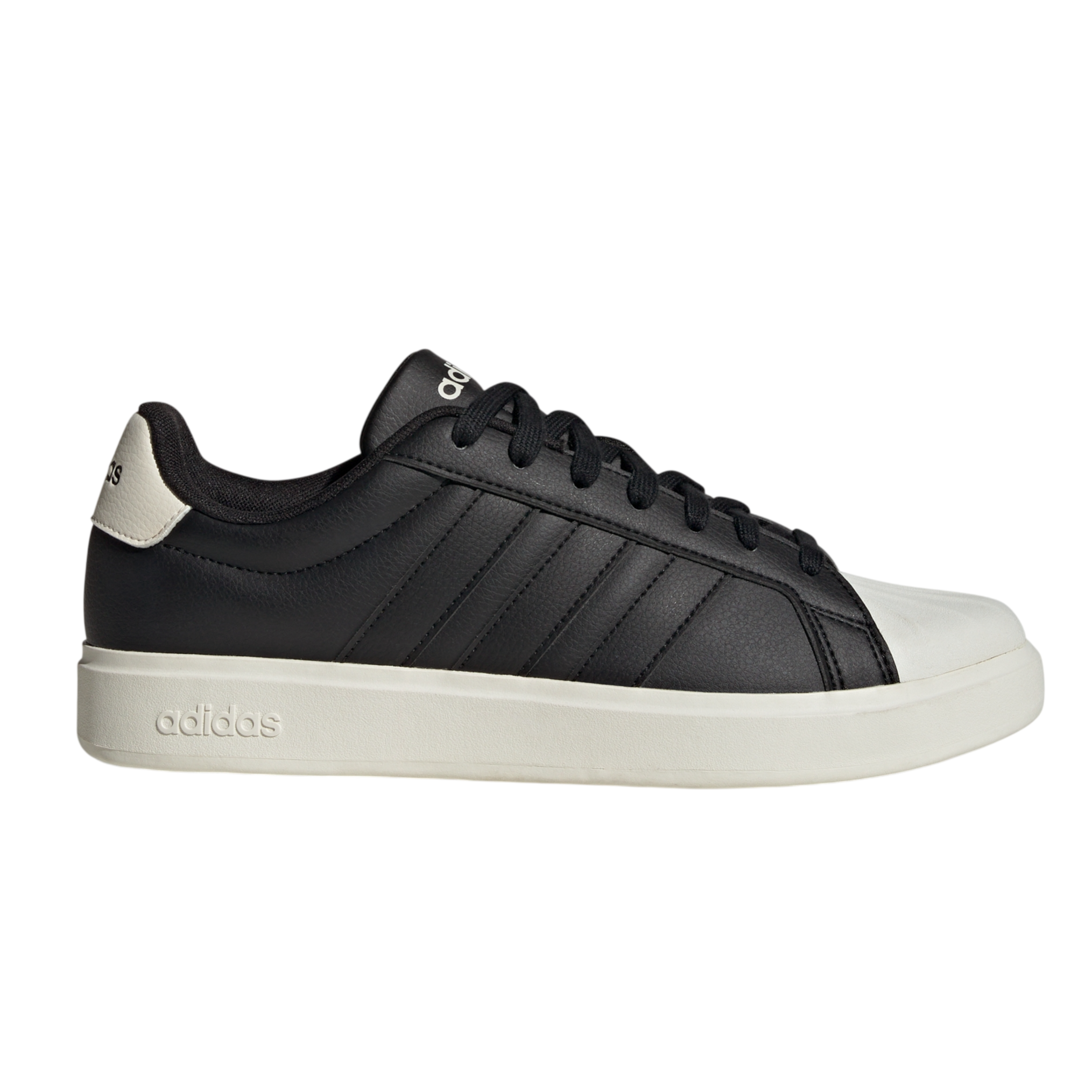Black Adidas sneaker with white sole and toe cap, featuring iconic three stripes on the side and Adidas logo on the heel and tongue.