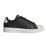 Black Adidas sneaker with white sole and toe cap, featuring iconic three stripes on the side and Adidas logo on the heel and tongue.