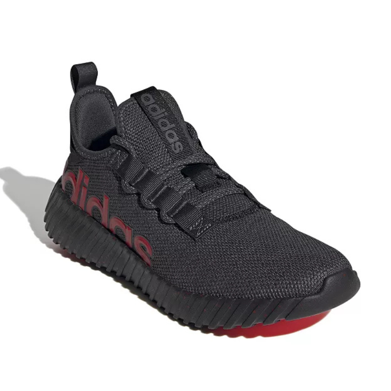 Black Adidas men's running shoes with the brand name in red, featuring a textured upper and a contrasting red sole.