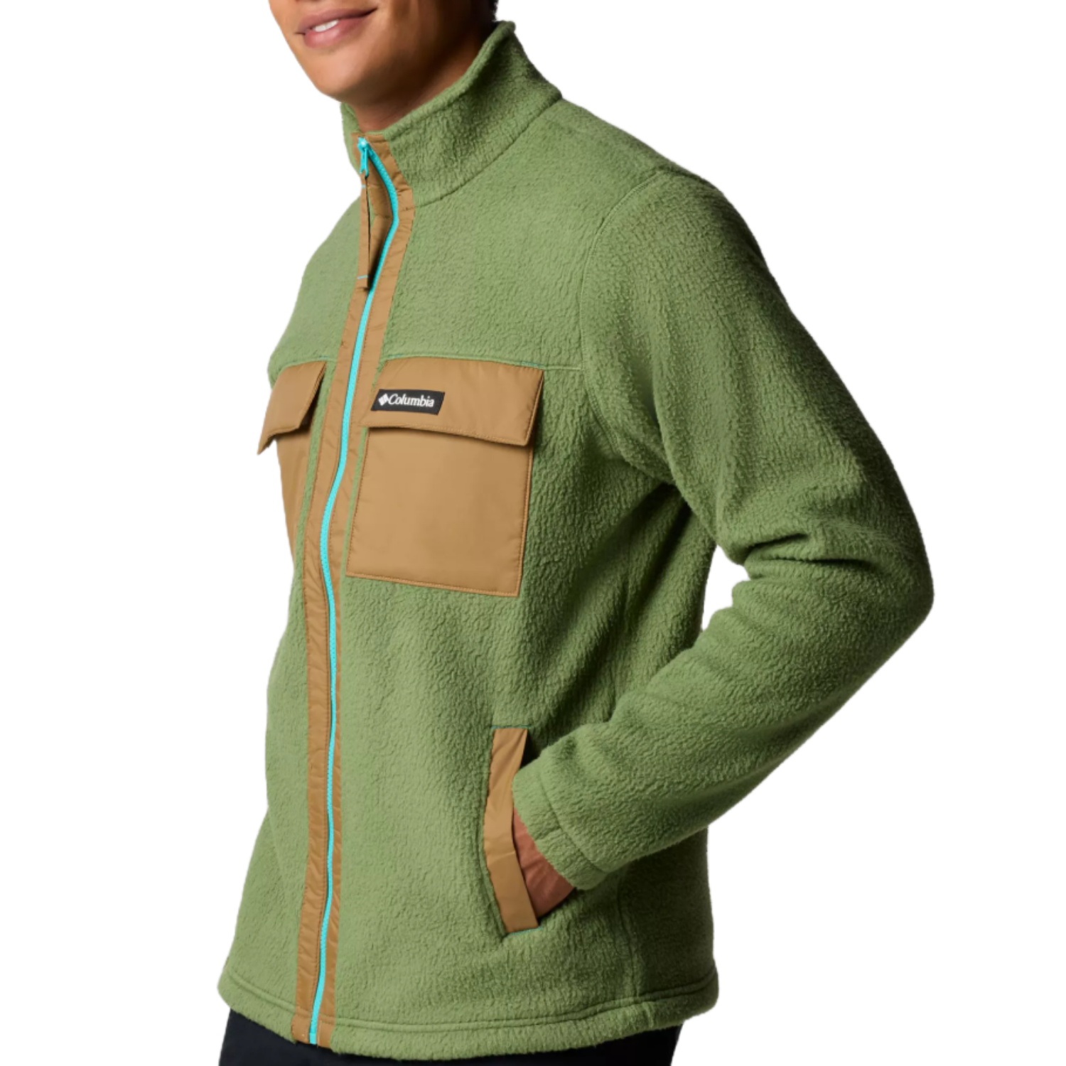 Columbia Juniper Peak Fleece features a green, textured design with tan accents on the pockets and zipper. It includes a full-length turquoise zipper and snap-closure chest pockets, offering a casual yet functional look.