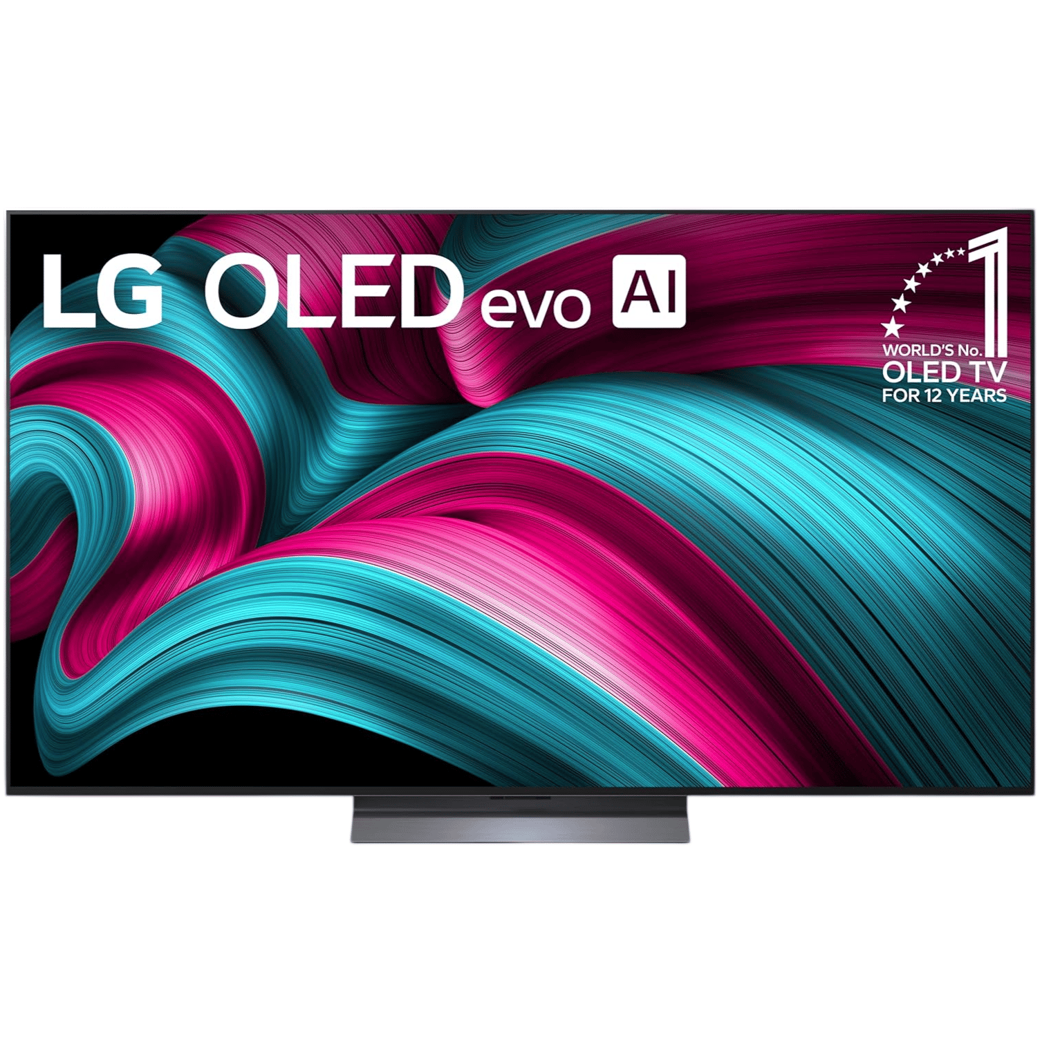 LG OLED evo AI TV with vivid pink and teal design, labeled as the world's number one OLED TV for 12 years.