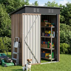 A metal garden shed with shelves stores various items like containers, boxes, and tools. Nearby, a lawnmower, a folding ladder, and a small dog are visible on a grassy lawn.