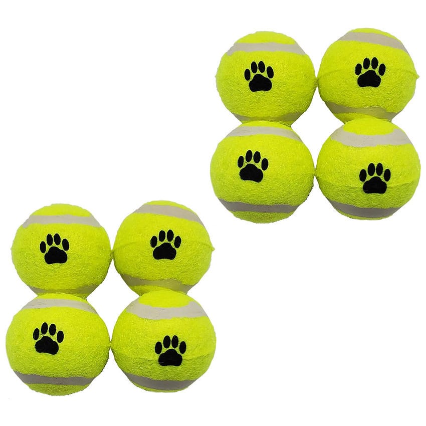 Six yellow tennis balls with black paw prints on them.
