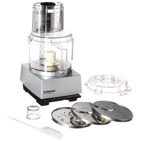 Cuisinart food processor with accessories including three slicing and shredding discs, a spatula, a small pusher, and a cover.