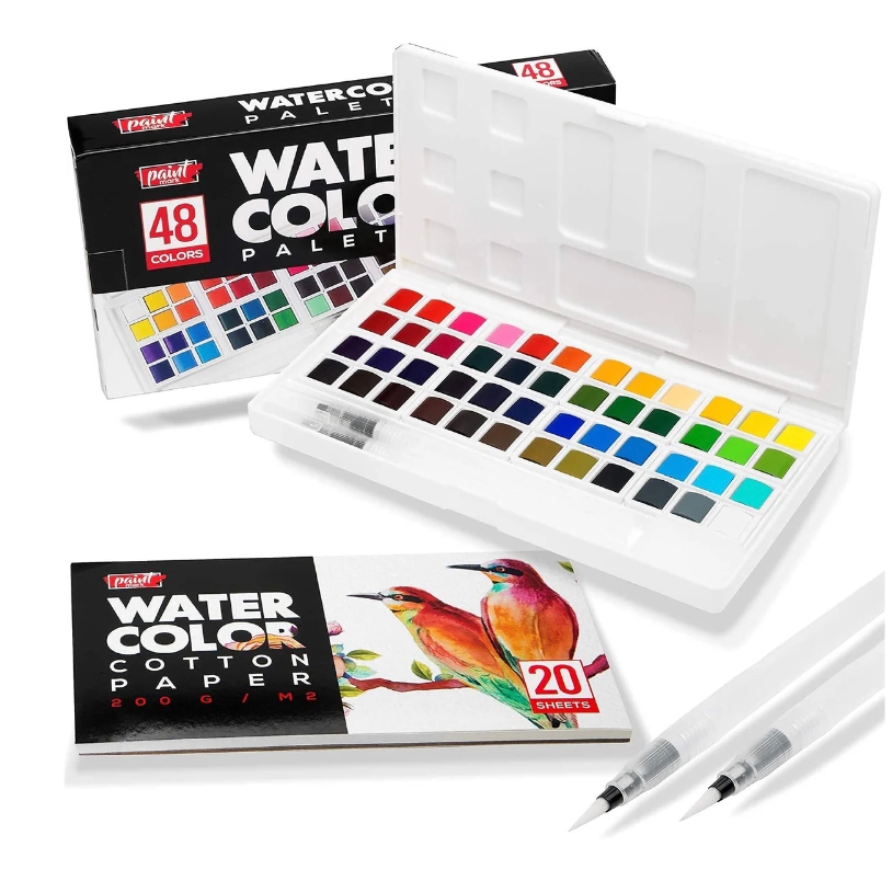Watercolor paint kit with 48 colors, includes cotton paper pad (20 sheets, 200g/m²) and two waterbrush pens.