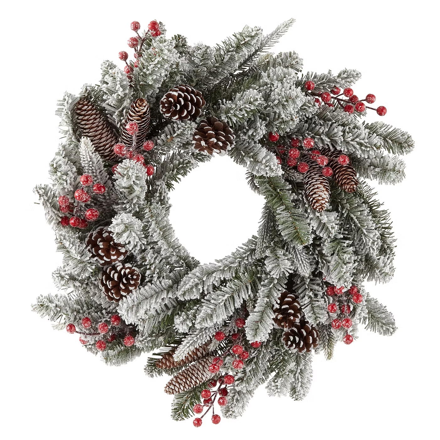 A snowy Christmas wreath with pinecones, red berries, and frosted evergreen branches, designed by North Pole Trading Co and pre-lit for festive decoration.