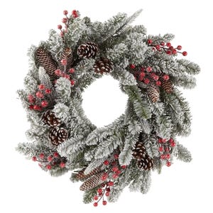 A snowy Christmas wreath with pinecones, red berries, and frosted evergreen branches, designed by North Pole Trading Co and pre-lit for festive decoration.