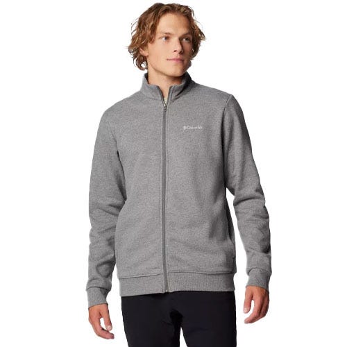 A man wearing a grey zip up jacket