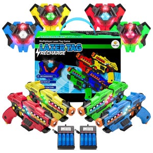 The 4pk Laser Tag Game Set includes four colorful blasters and vests in red, blue, green, and yellow. It is rechargeable, features an LED display, and comes with charging kits for multiplayer laser tag games.