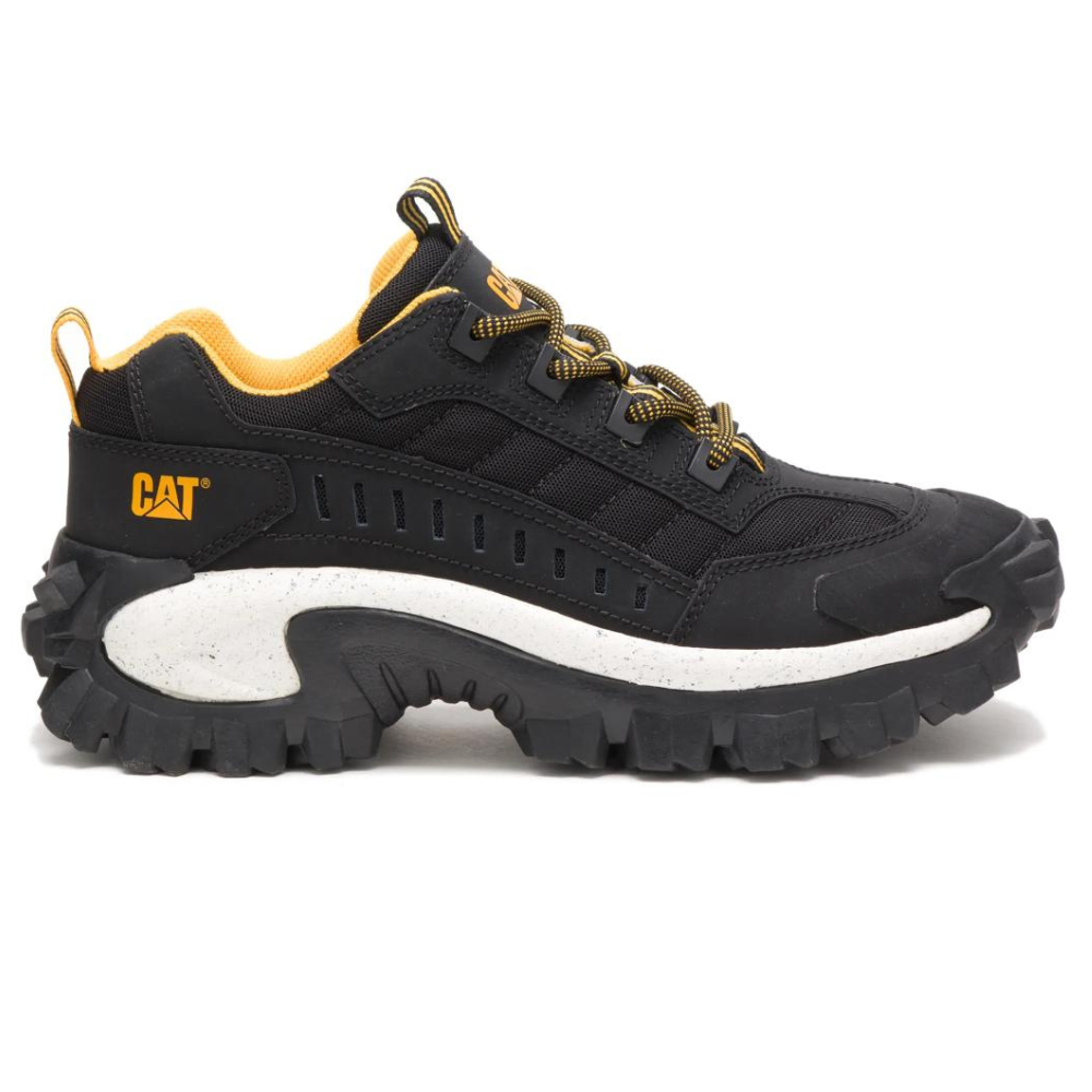 A rugged black sneaker with yellow accents, featuring a thick treaded sole and the CAT logo on the side.