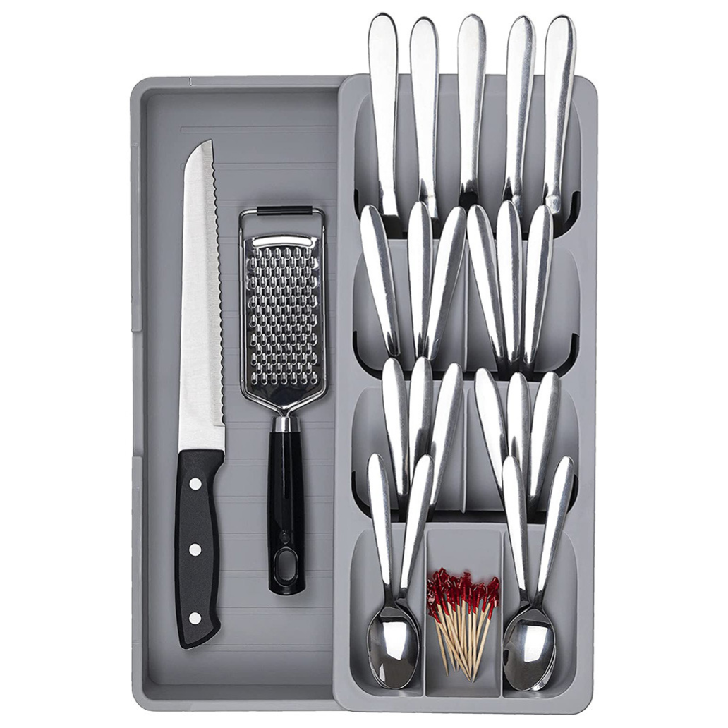 Gray cutlery organizer with sections holding knives, forks, spoons, toothpicks, a serrated knife, and a grater.
