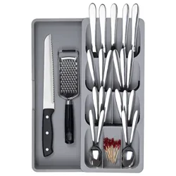 Gray cutlery organizer with sections holding knives, forks, spoons, toothpicks, a serrated knife, and a grater.