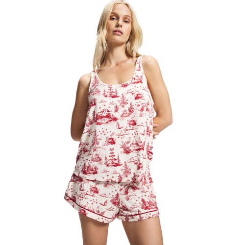 Sleeveless top and shorts set with a red and white pastoral toile pattern.