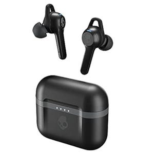 Skullcandy Indy Evo XT Earbuds are wireless in-ear headphones featuring a sleek black design with earhooks for a secure fit. They come with a compact charging case displaying the Skullcandy logo and have visible indicator lights.