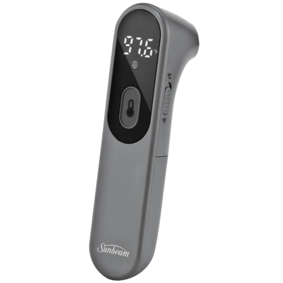 Touchless Digital Infrared Thermometer by Sunbeam, featuring a sleek design with a digital display showing a reading of 97.6°F. It includes a button for taking measurements and a toggle for switching between Celsius and Fahrenheit.