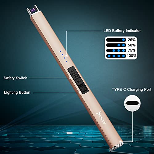This is a slender, rose gold-colored USB flameless lighter with a safety switch, lighting button, LED battery indicator, and a Type-C charging port.
