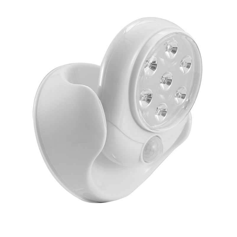 Two-pack of white rotating motion sensor lights featuring six LED bulbs per unit, designed for flexible lighting solutions. Ideal for areas requiring automatic illumination, such as driveways or entryways.