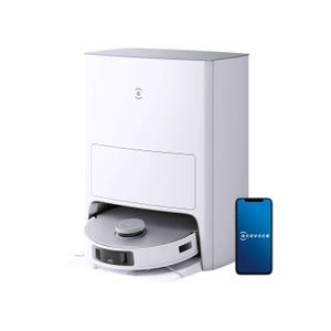 Ecovacs robot vacuum with a docking station, featuring a smartphone app for control and monitoring.