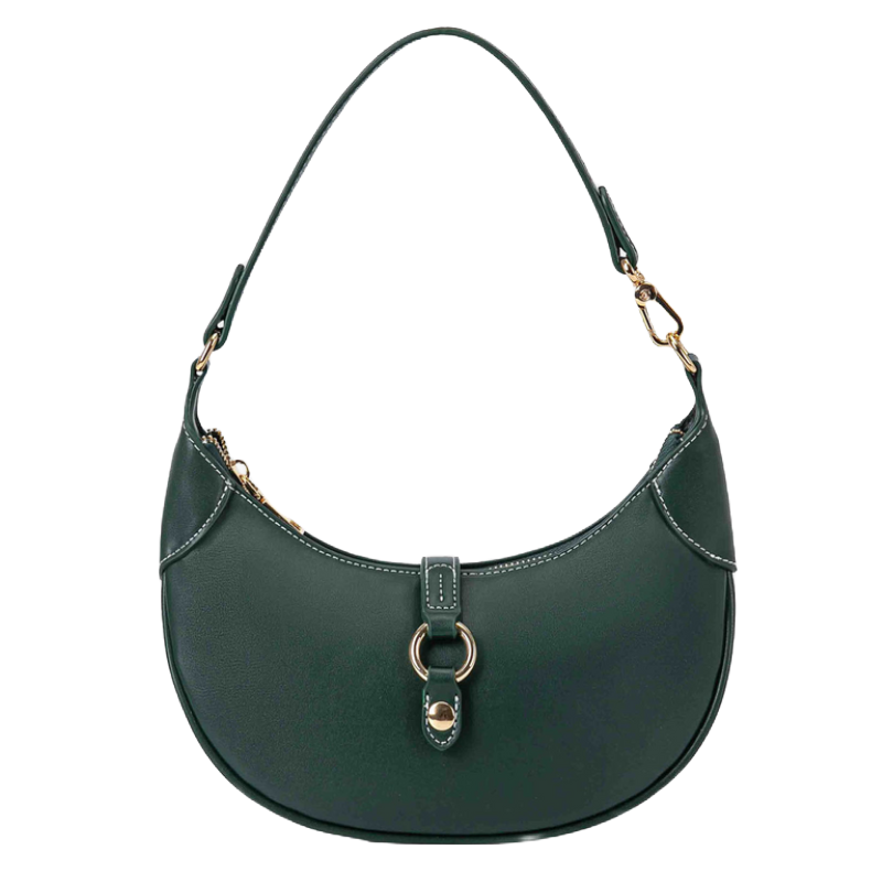 A dark green crescent-shaped handbag with gold accents, featuring a top handle and a decorative front buckle.