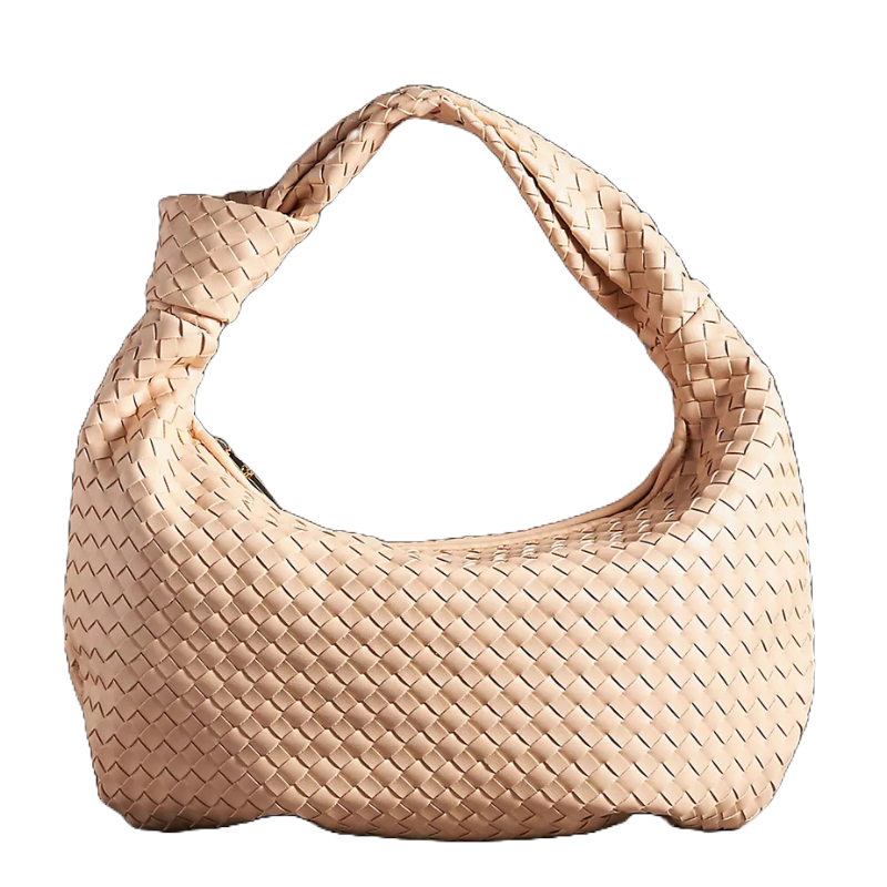 A beige satchel featuring an intricate woven design with a sturdy, twisted handle. The bag has a soft, rounded shape, making it both stylish and functional.