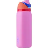 A pink Owala water bottle with a colorful lid featuring a blue handle and red accents.