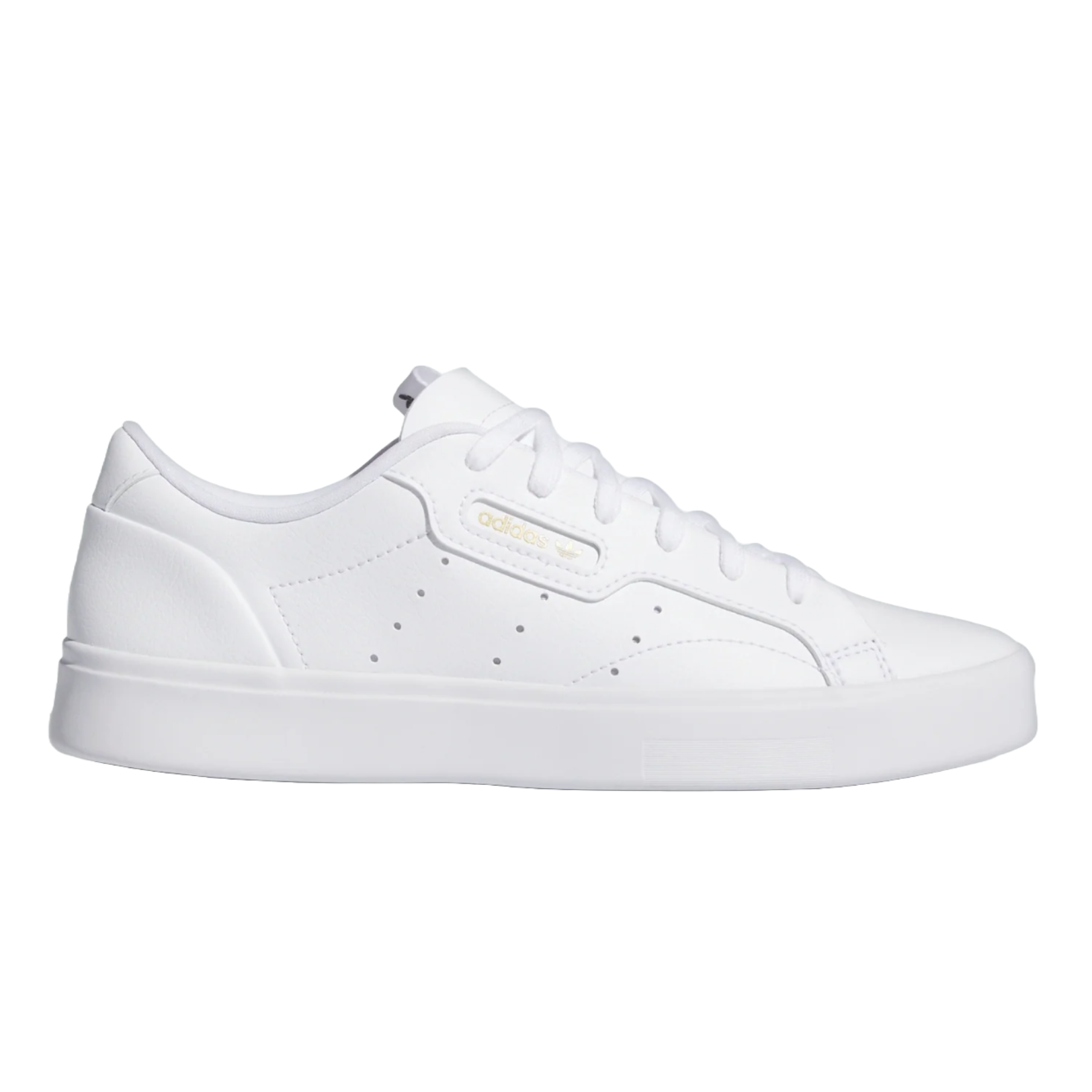White Adidas sneaker with a low-top design and a thick sole.