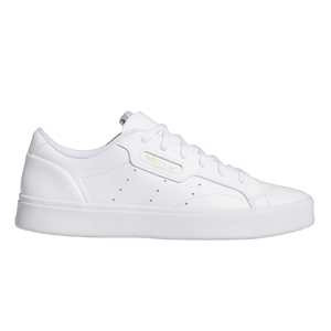 White Adidas sneaker with a low-top design and a thick sole.