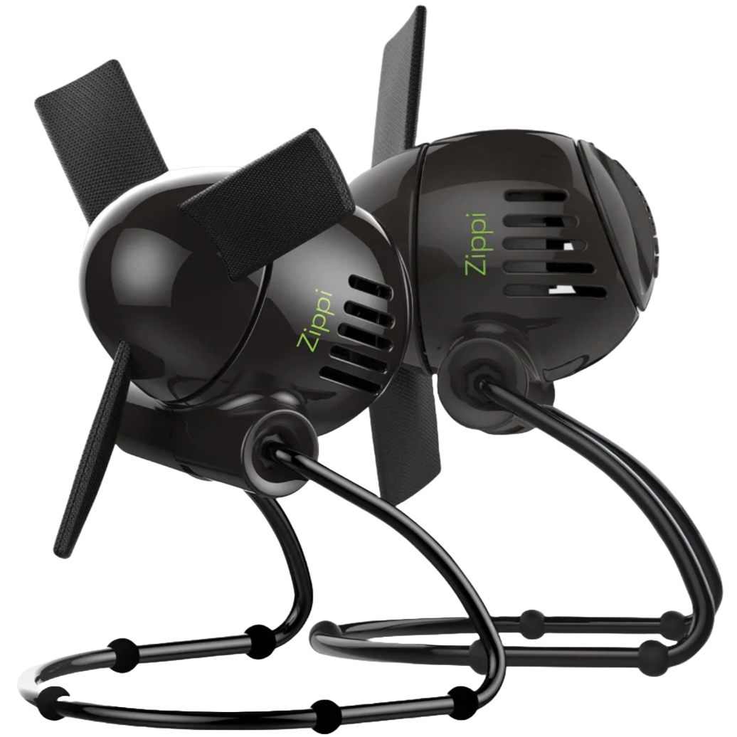 Two black Vornado Zippi Personal Fans with sleek designs feature flexible cloth blades and a distinctive loop stand, each with the \“Zippi\“ logo visible on the side.