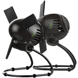 Two black Vornado Zippi Personal Fans with sleek designs feature flexible cloth blades and a distinctive loop stand, each with the \“Zippi\“ logo visible on the side.