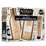 Redken All Soft gift set includes shampoo, conditioner, and a mini color care treatment for soft, moisturized hair, priced at $46 (value of $64).