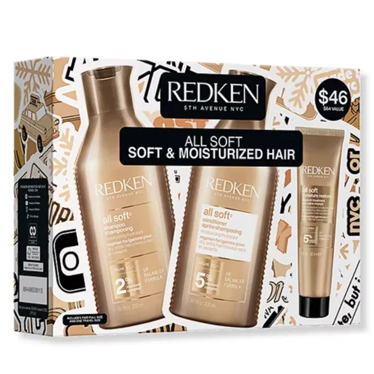 Redken All Soft gift set includes shampoo, conditioner, and a mini color care treatment for soft, moisturized hair, priced at $46 (value of $64).