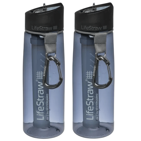 Two gray LifeStraw water bottles with built-in filters, each featuring a black cap and a metal carabiner for easy attachment.