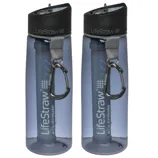 Two gray LifeStraw water bottles with built-in filters, each featuring a black cap and a metal carabiner for easy attachment.
