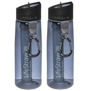 Two gray LifeStraw water bottles with built-in filters, each featuring a black cap and a metal carabiner for easy attachment.