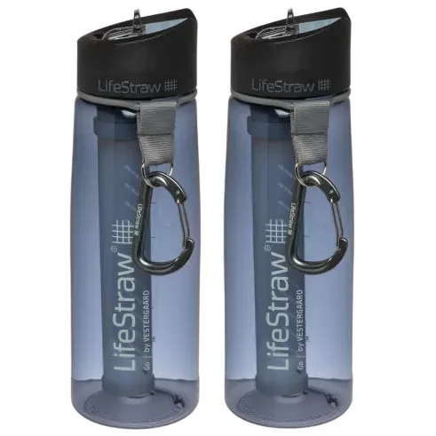 Two gray LifeStraw water bottles with built-in filters, each featuring a black cap and a metal carabiner for easy attachment.