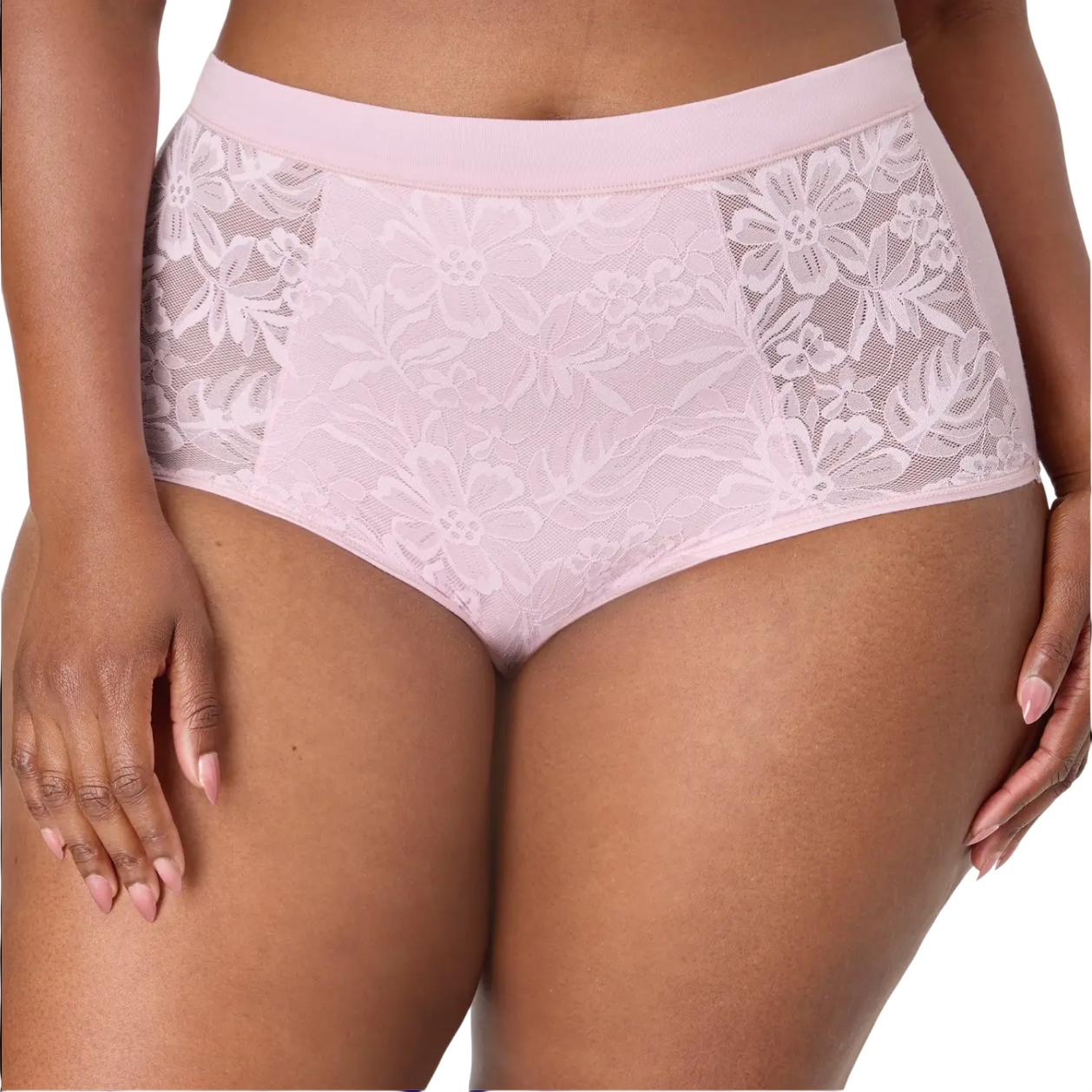 High-waisted pink lace panties with a floral design, featuring sheer side panels and a wide waistband for comfort.