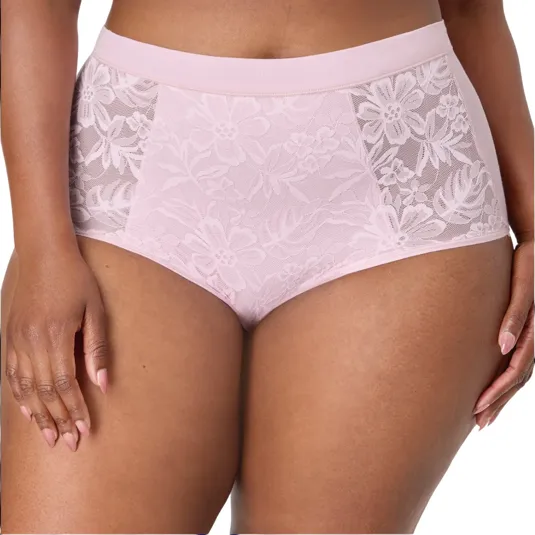 High-waisted pink lace panties with a floral design, featuring sheer side panels and a wide waistband for comfort.