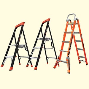 Three different types of step ladders: one foldable, one with a tool tray, and another extendable.